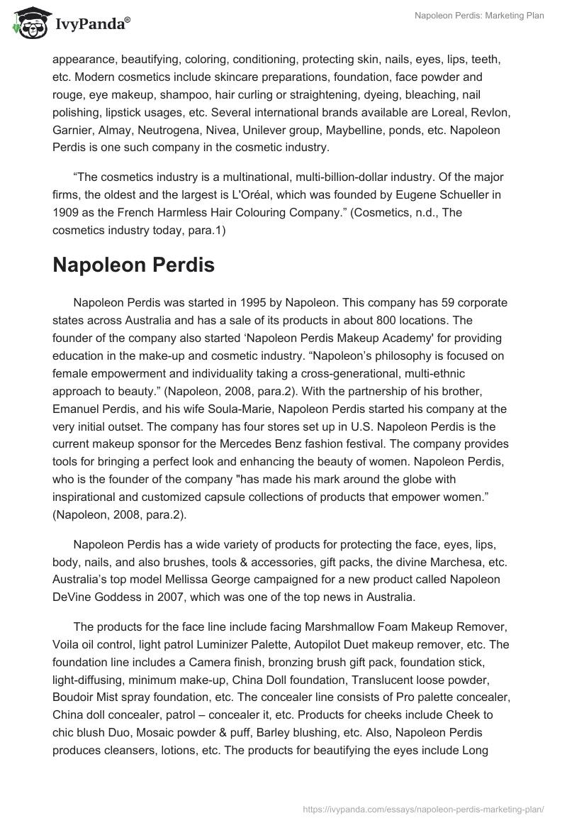 Napoleon Perdis: Marketing Plan. Page 2