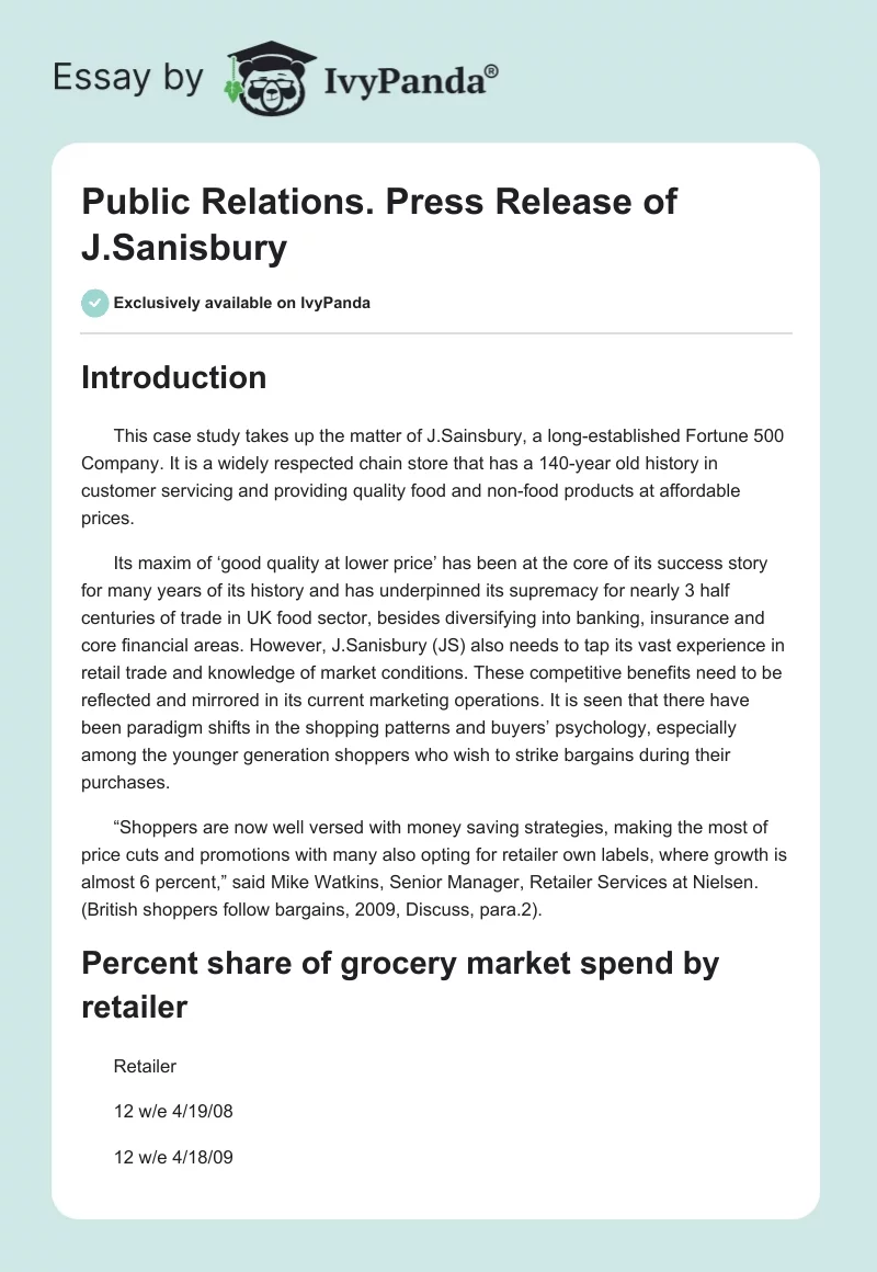 Public Relations. Press Release of J.Sanisbury. Page 1