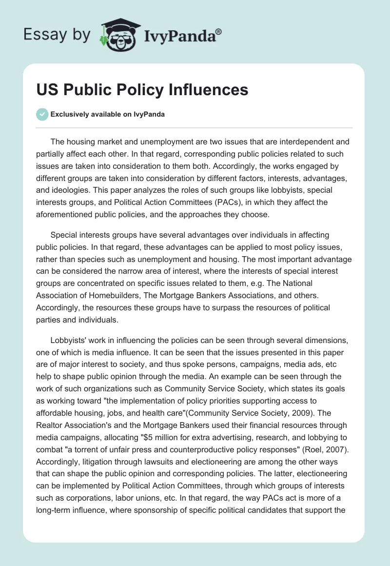 US Public Policy Influences. Page 1