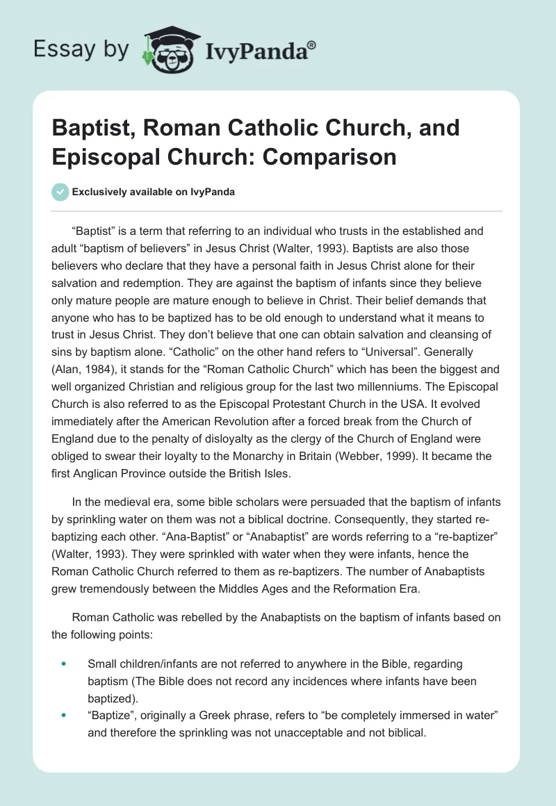 Baptist, Roman Catholic Church, and Episcopal Church: Comparison. Page 1