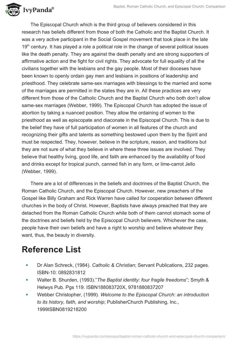 Baptist, Roman Catholic Church, and Episcopal Church: Comparison. Page 3