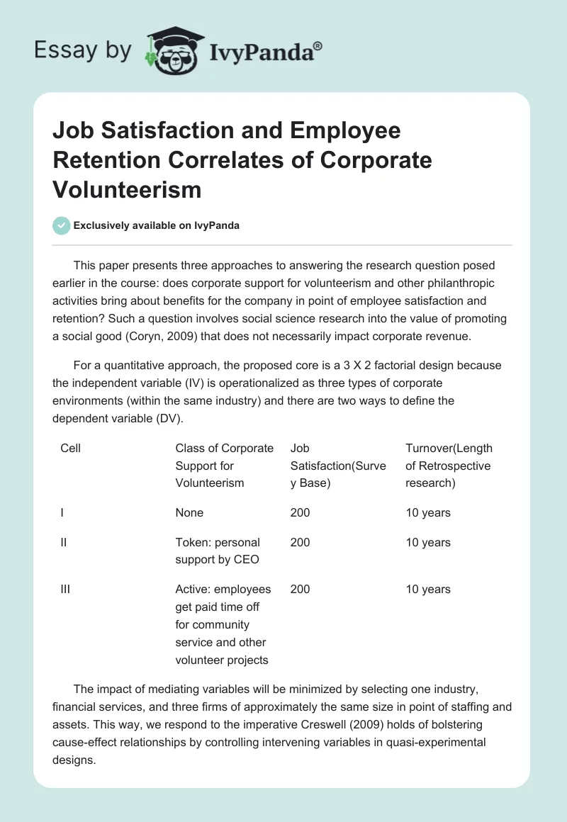 Job Satisfaction and Employee Retention Correlates of Corporate Volunteerism. Page 1