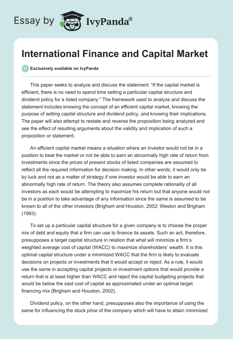 International Finance and Capital Market. Page 1