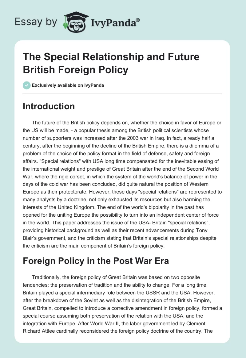The Special Relationship and Future British Foreign Policy. Page 1
