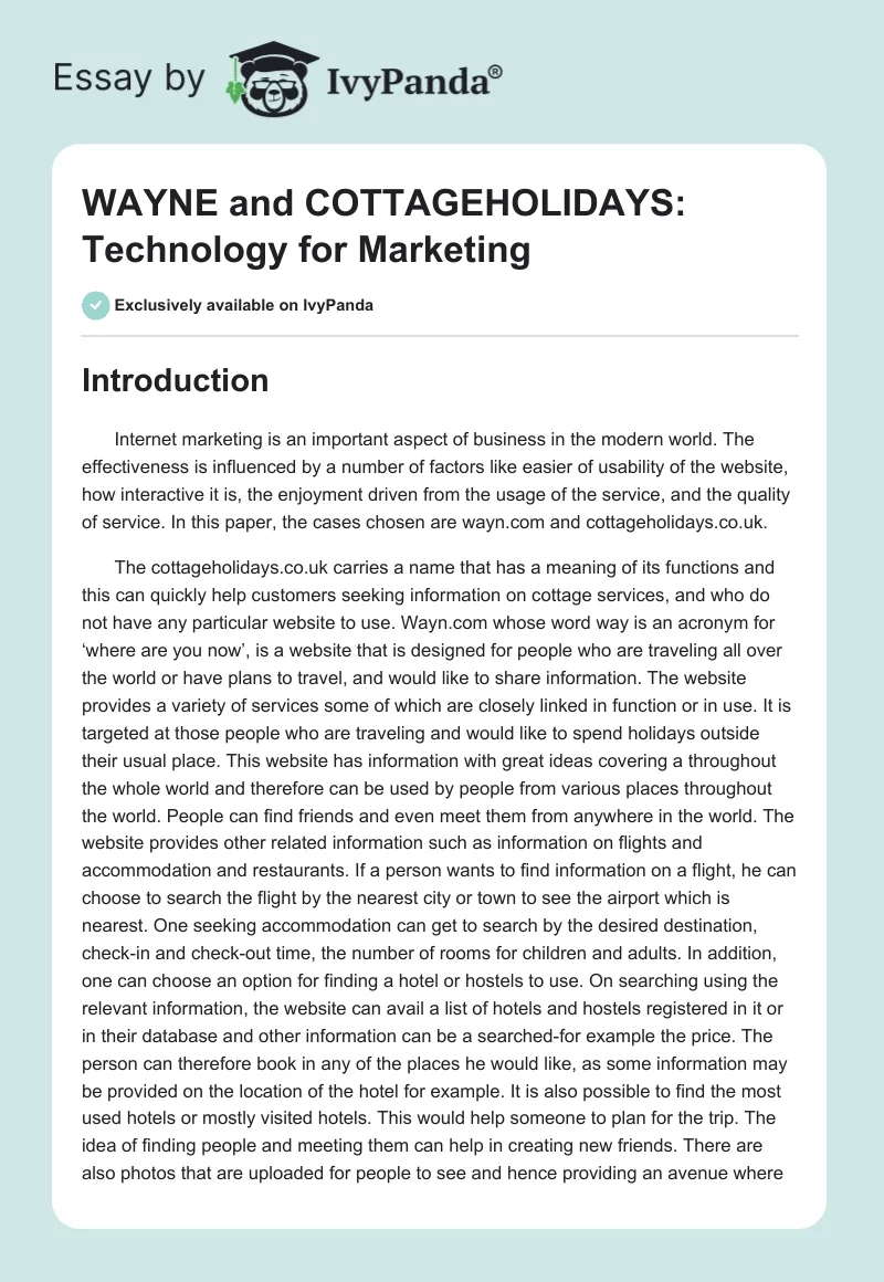 WAYNE and COTTAGEHOLIDAYS: Technology for Marketing. Page 1