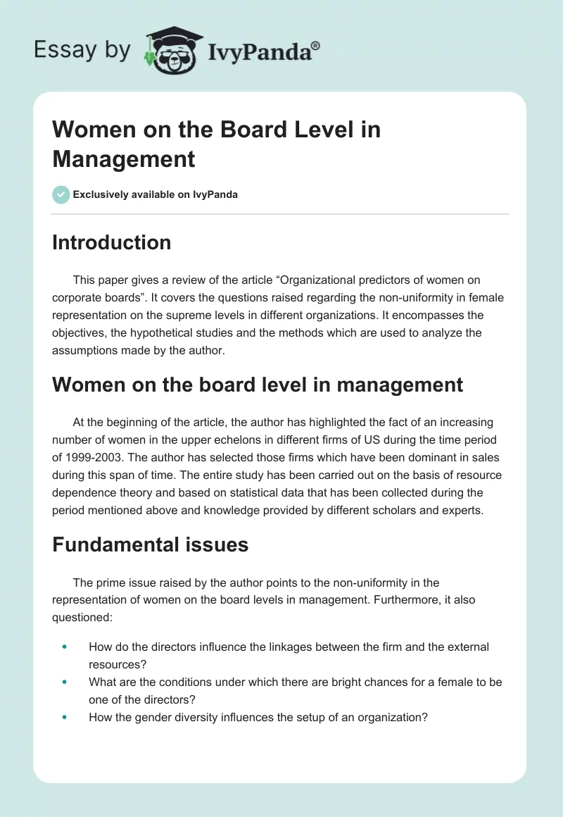 Women on the Board Level in Management. Page 1