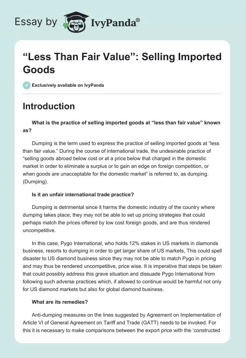 “Less Than Fair Value”: Selling Imported Goods. Page 1