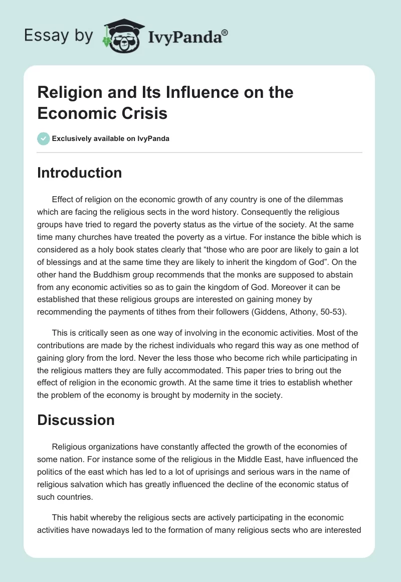 Religion and Its Influence on the Economic Crisis. Page 1