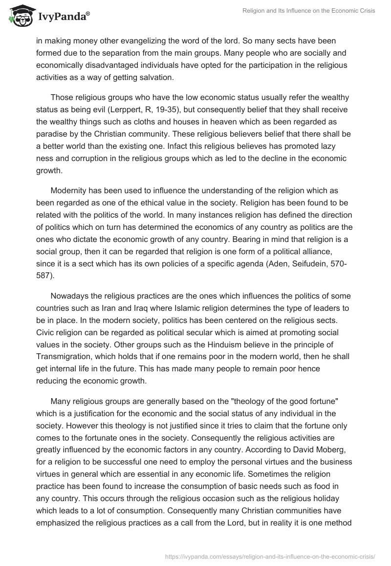 Religion and Its Influence on the Economic Crisis. Page 2