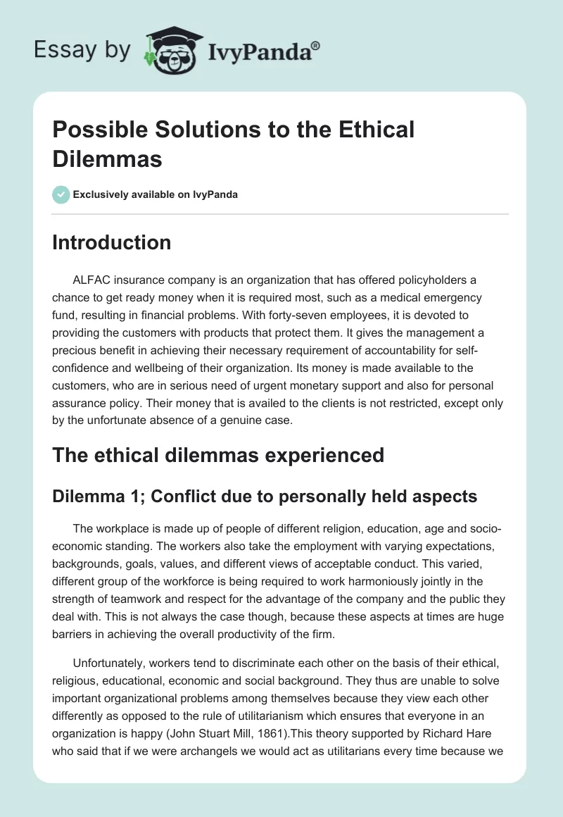 Possible Solutions to the Ethical Dilemmas. Page 1