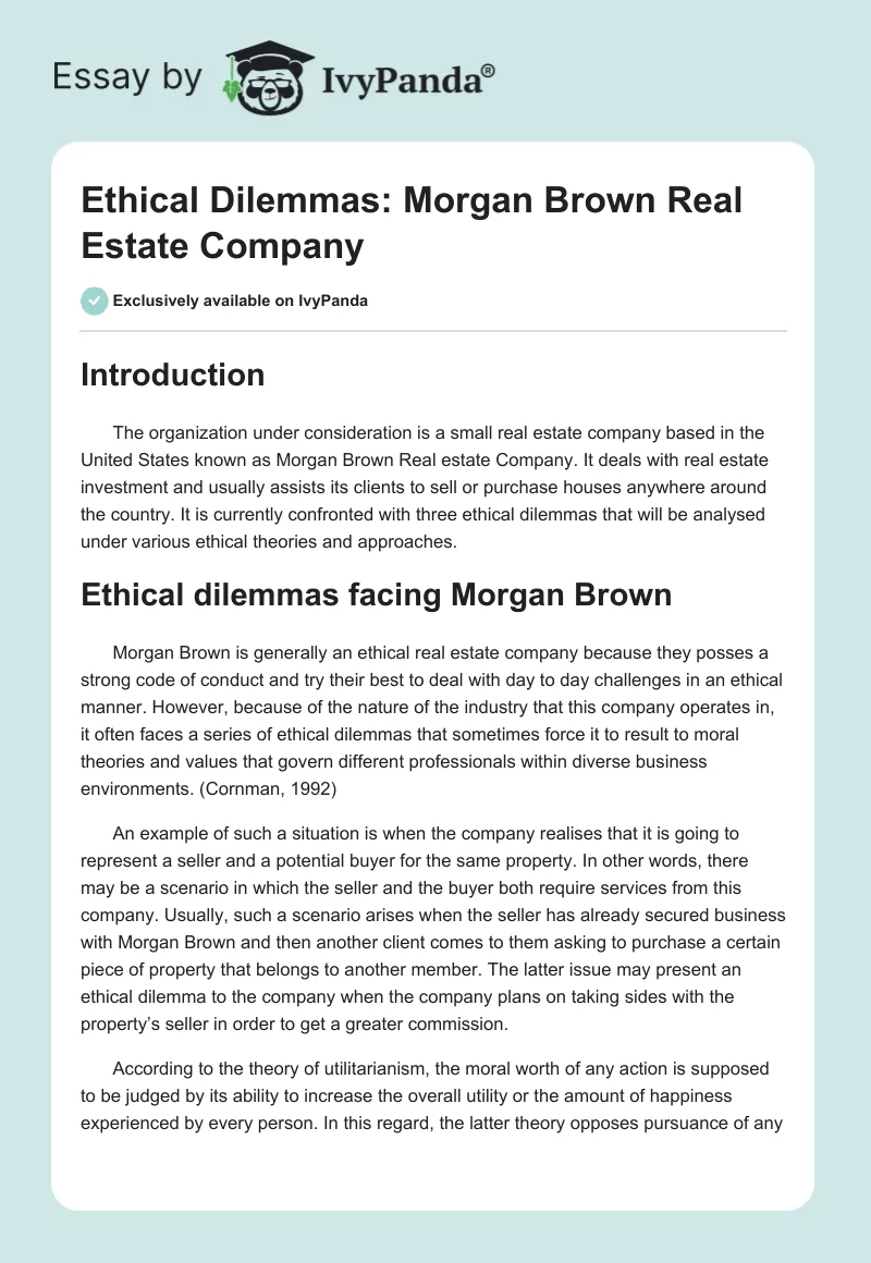 Ethical Dilemmas: Morgan Brown Real Estate Company. Page 1