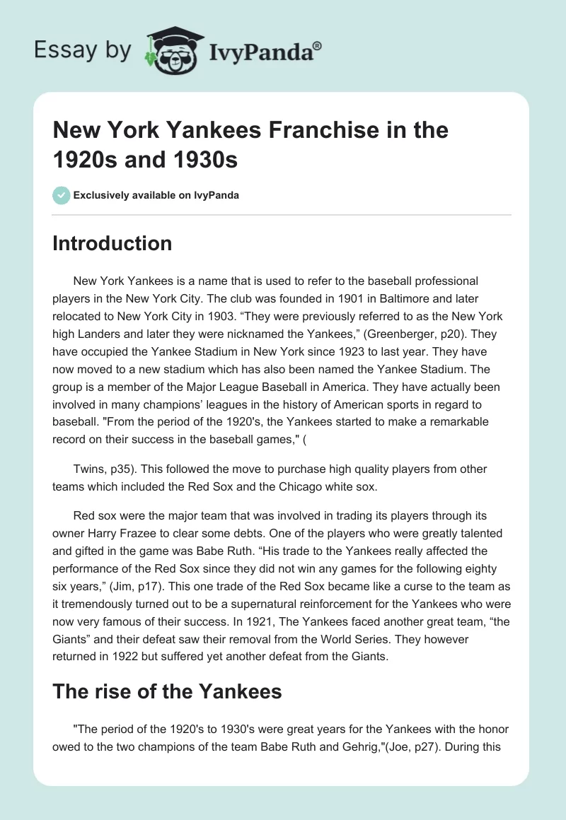 New York Yankees Franchise in the 1920s and 1930s. Page 1