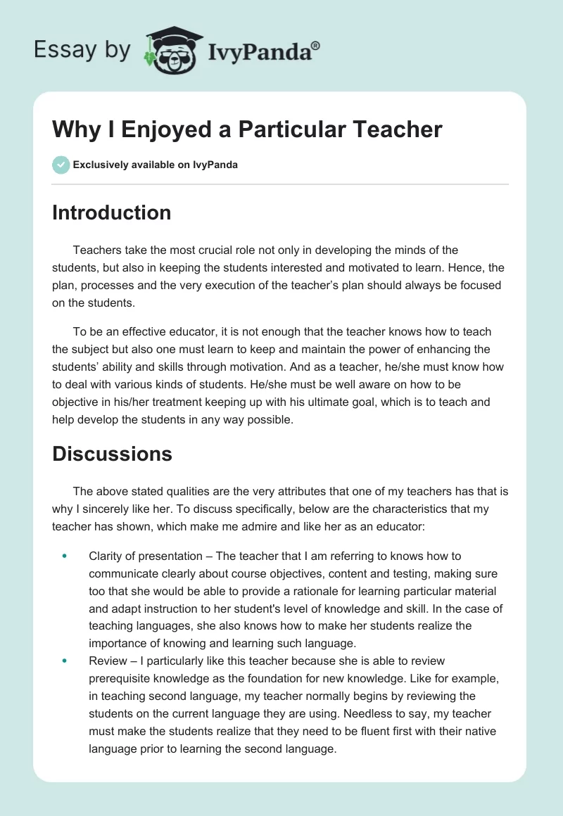 Why I Enjoyed a Particular Teacher. Page 1