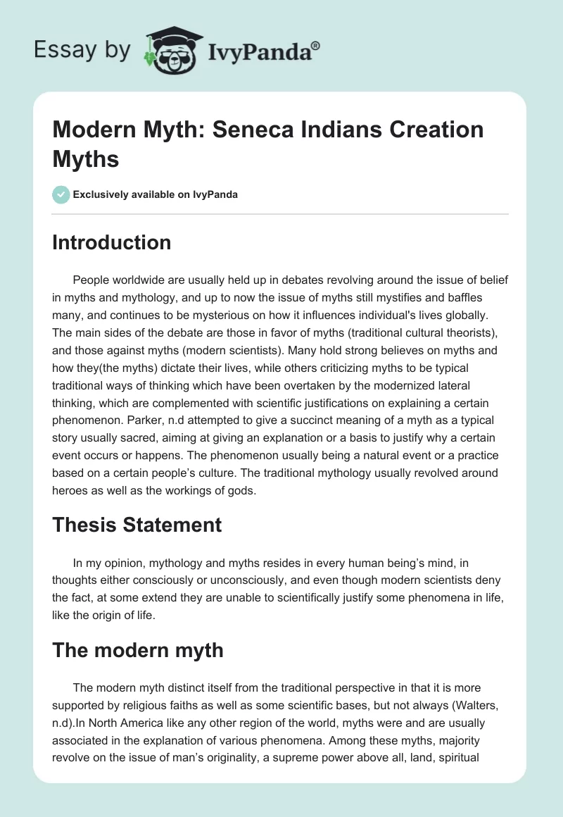 Modern Myth: Seneca Indians Creation Myths. Page 1