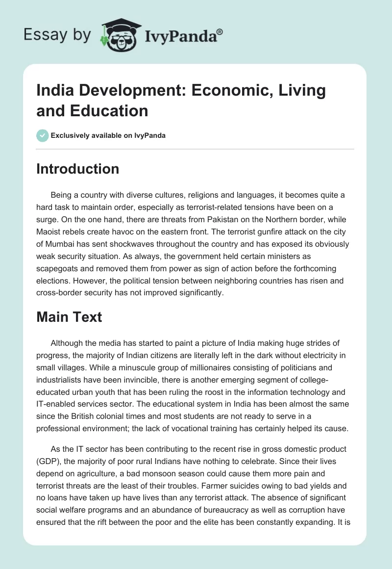 India Development: Economic, Living and Education. Page 1