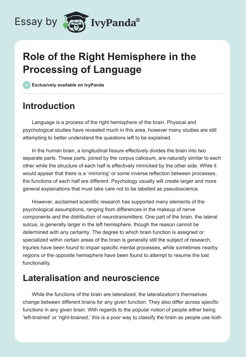 Role of the Right Hemisphere in the Processing of Language. Page 1