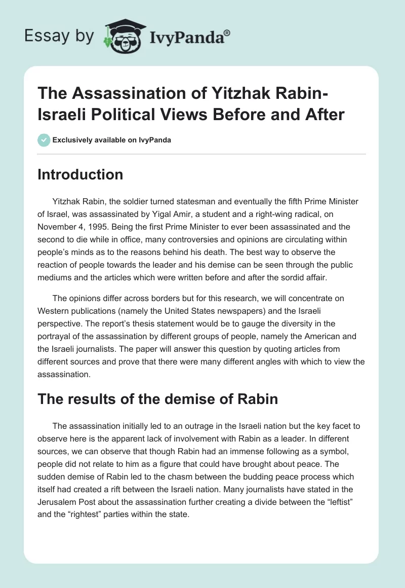 The Assassination of Yitzhak Rabin-Israeli Political Views Before and After. Page 1