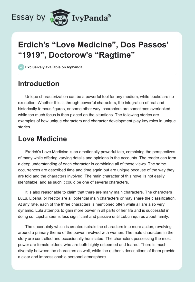 Erdich's “Love Medicine”, Dos Passos' “1919”, Doctorow's “Ragtime”. Page 1