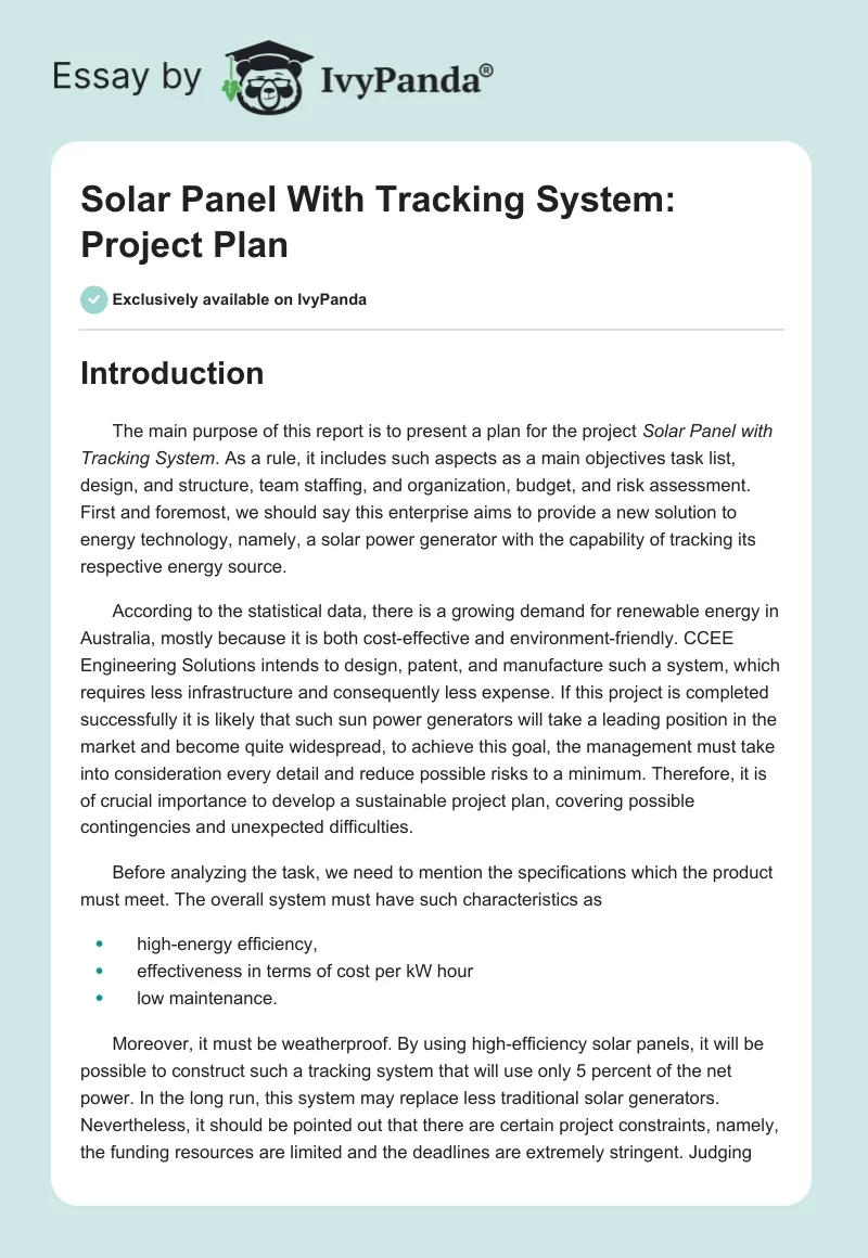 Solar Panel With Tracking System: Project Plan. Page 1