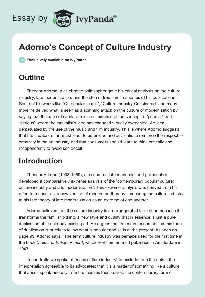 Adorno’s Concept of Culture Industry. Page 1