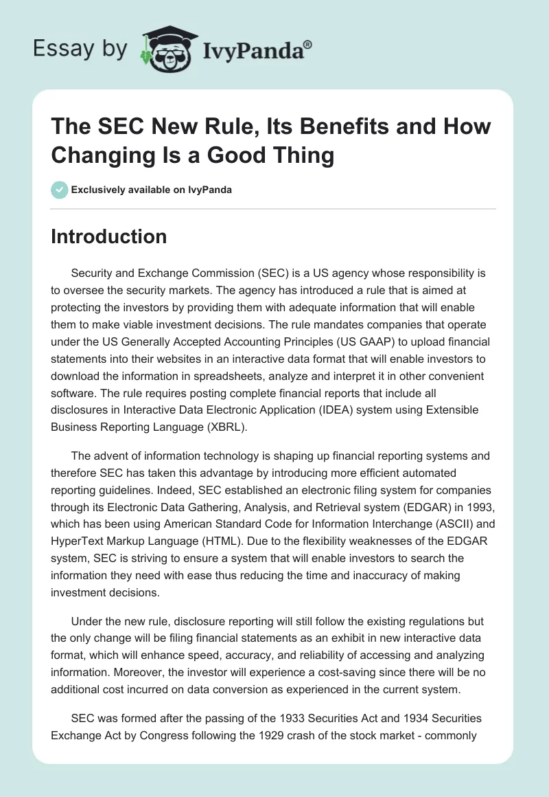 The SEC New Rule, Its Benefits and How Changing Is a Good Thing. Page 1