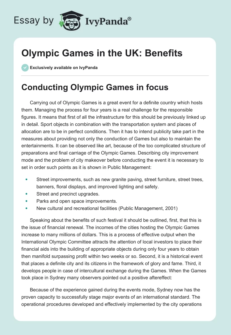 Olympic Games in the UK: Benefits. Page 1