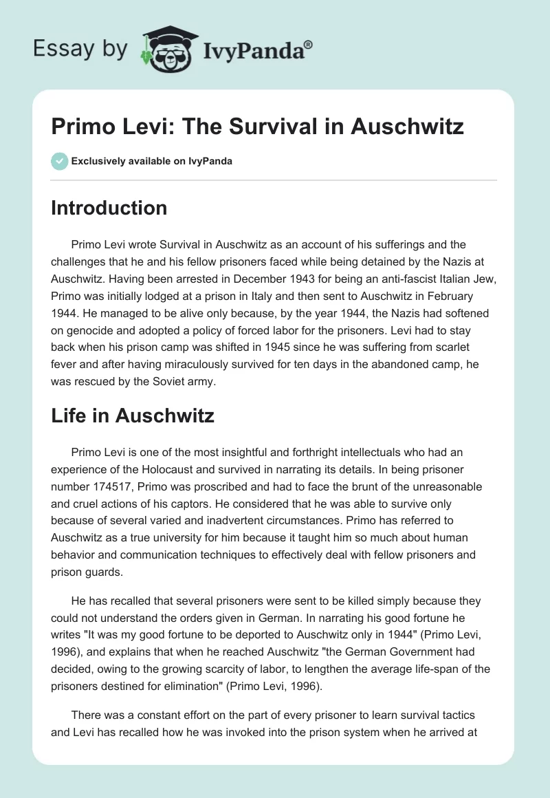 Primo Levi: The Survival in Auschwitz. Page 1