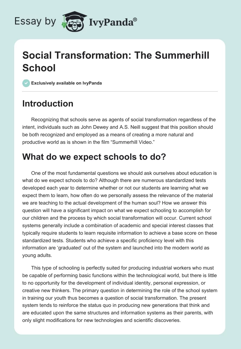 Social Transformation: The Summerhill School. Page 1