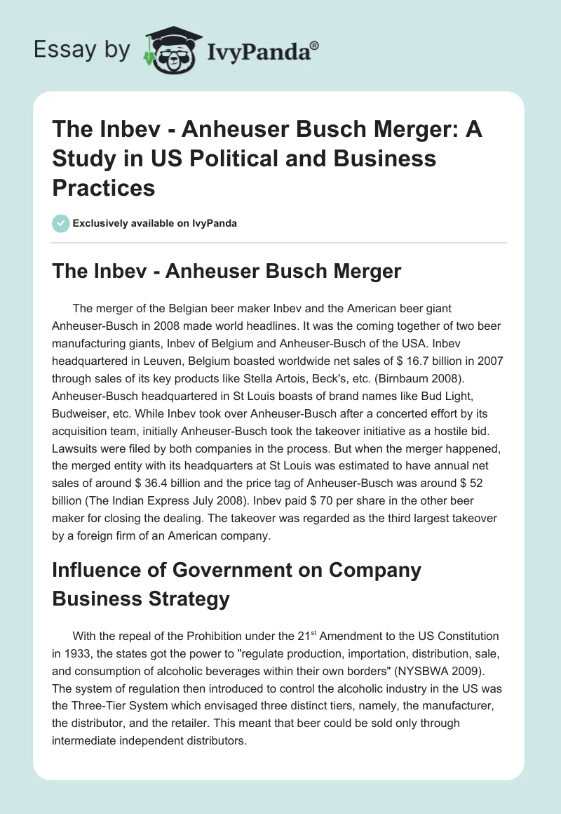 The Inbev - Anheuser Busch Merger: A Study in US Political and Business Practices. Page 1