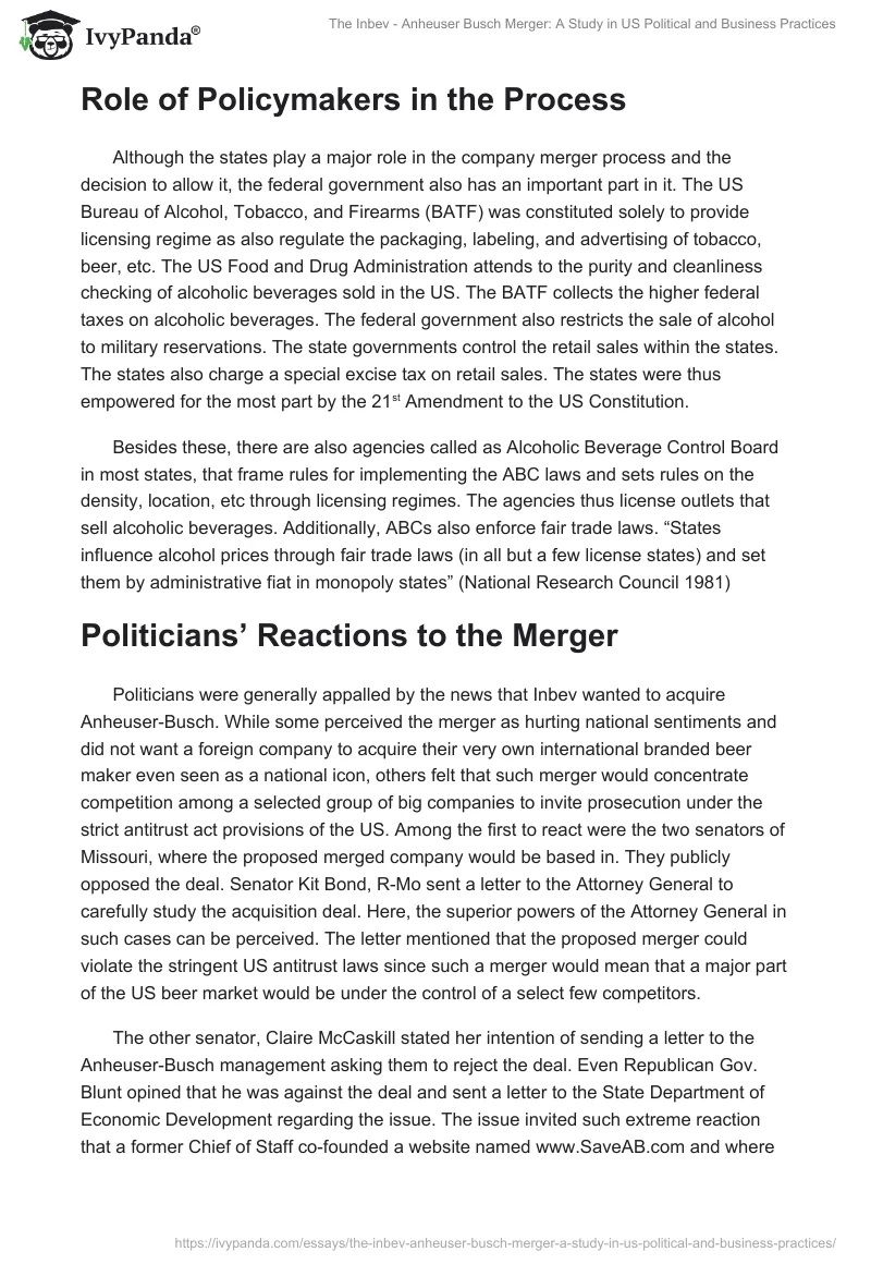 The Inbev - Anheuser Busch Merger: A Study in US Political and Business Practices. Page 3