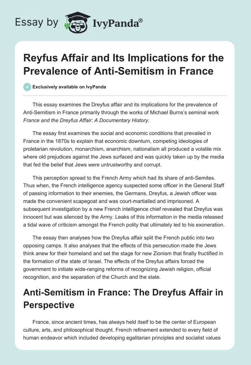 Reyfus Affair and Its Implications for the Prevalence of Anti-Semitism in France. Page 1