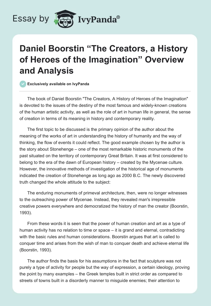 Daniel Boorstin “The Creators, a History of Heroes of the Imagination” Overview and Analysis. Page 1