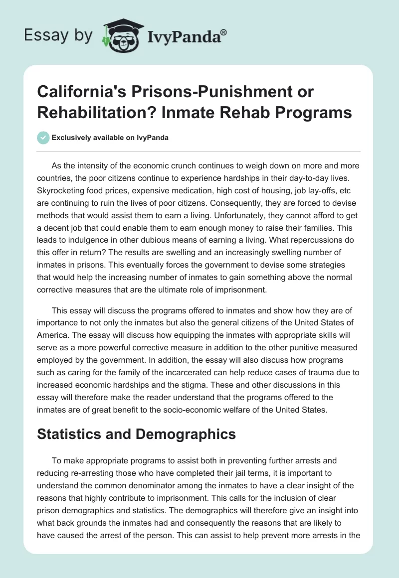 California's Prisons-Punishment or Rehabilitation? Inmate Rehab Programs. Page 1