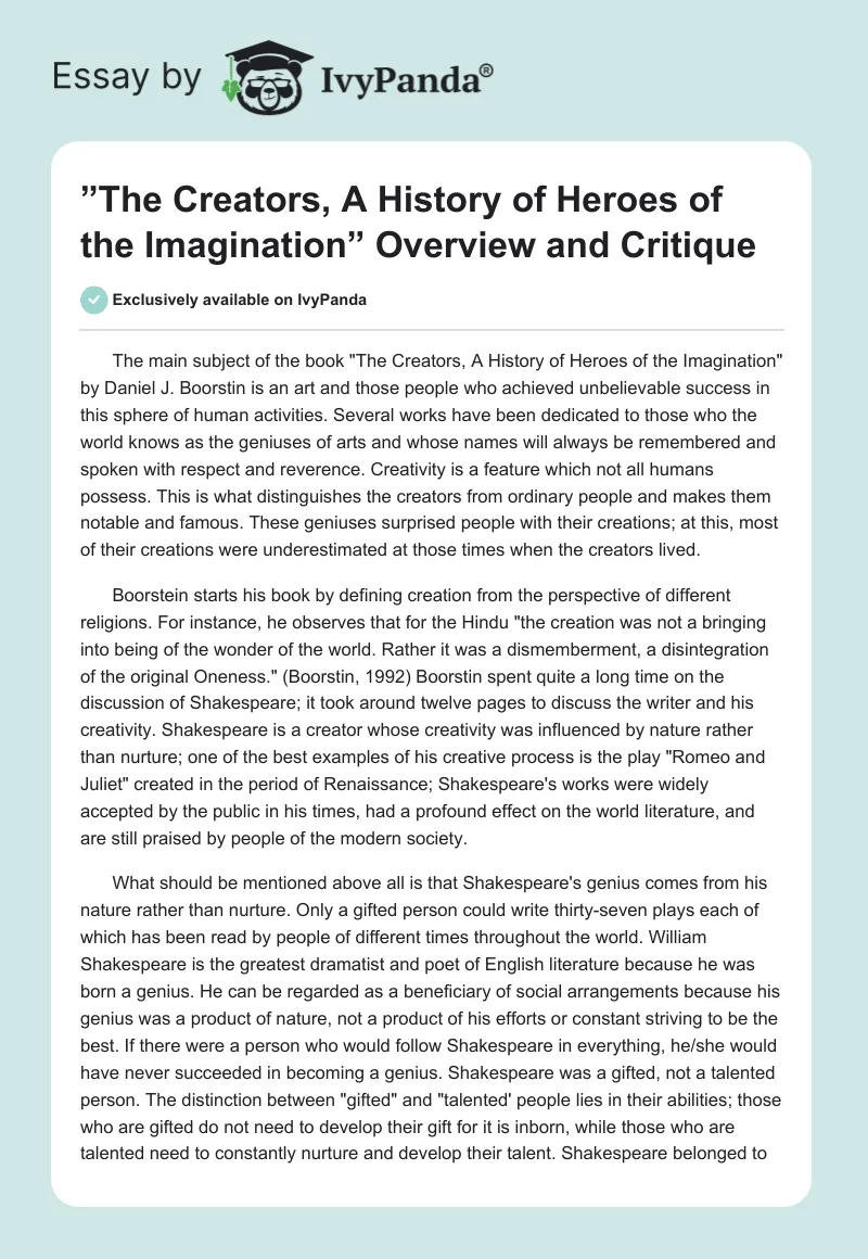 ”The Creators, A History of Heroes of the Imagination” Overview and Critique. Page 1