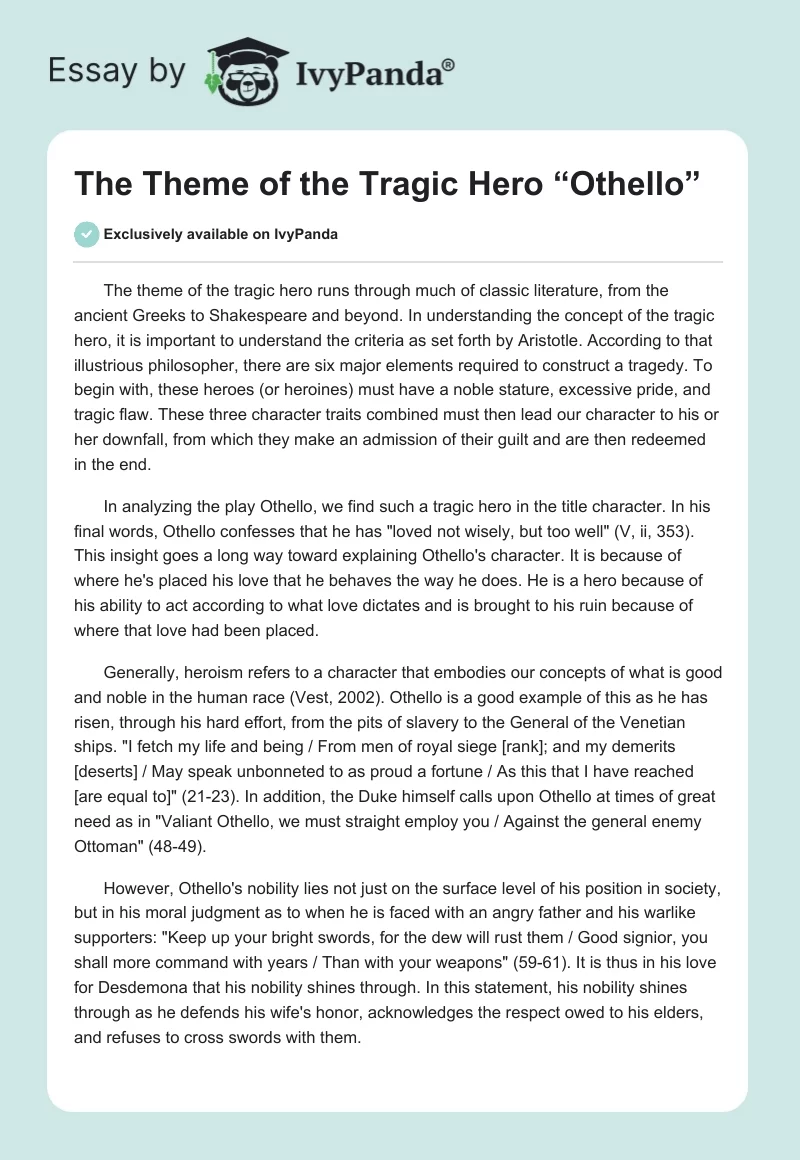 The Theme of the Tragic Hero “Othello”. Page 1