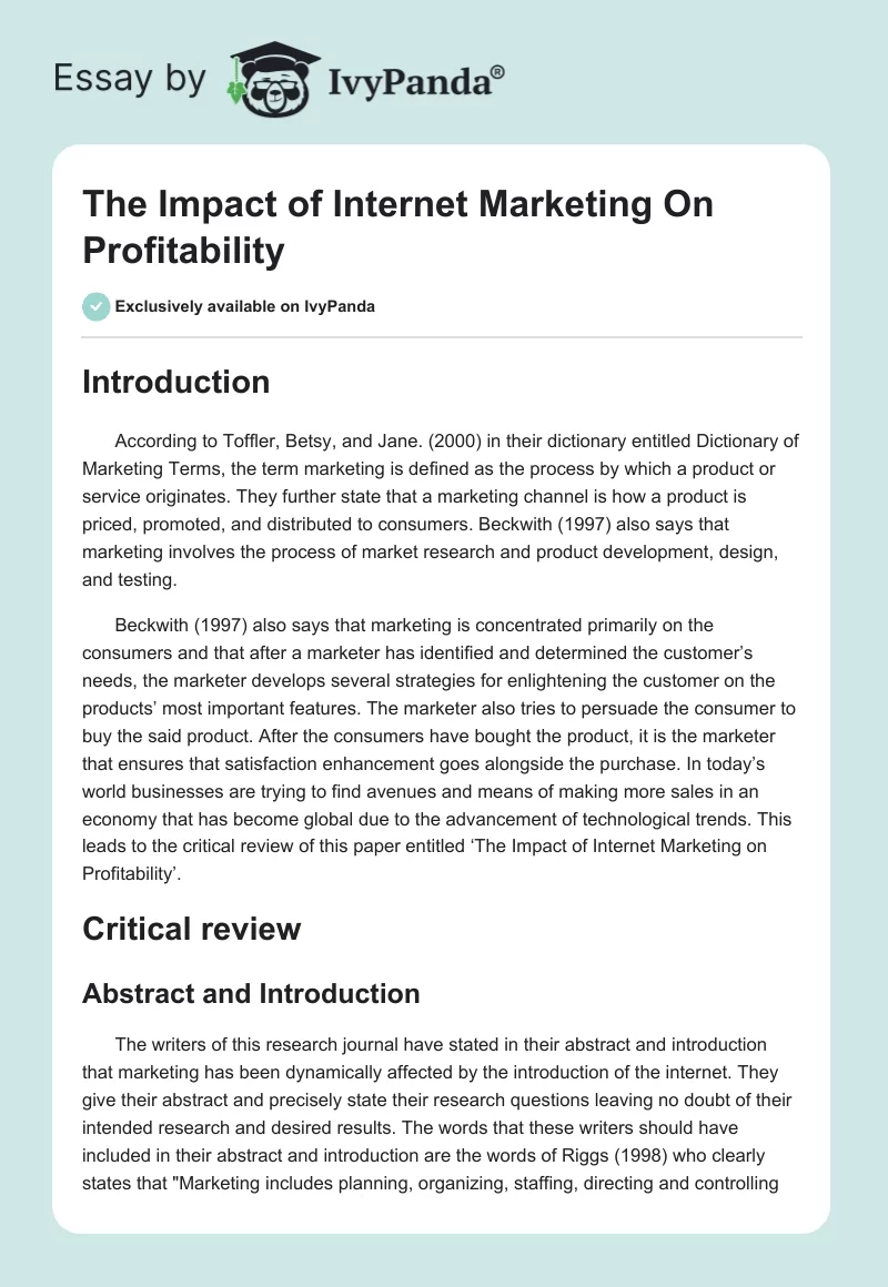 The Impact of Internet Marketing on Profitability. Page 1
