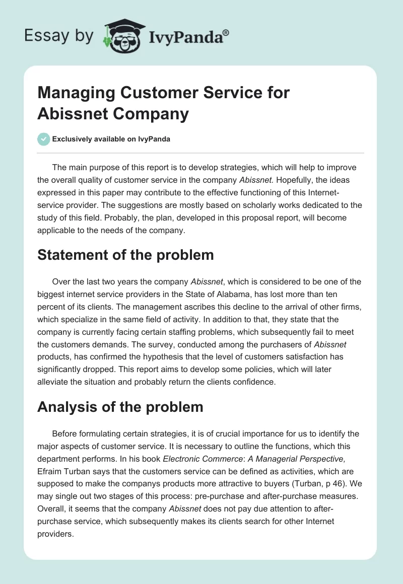 Managing Customer Service for Abissnet Company. Page 1