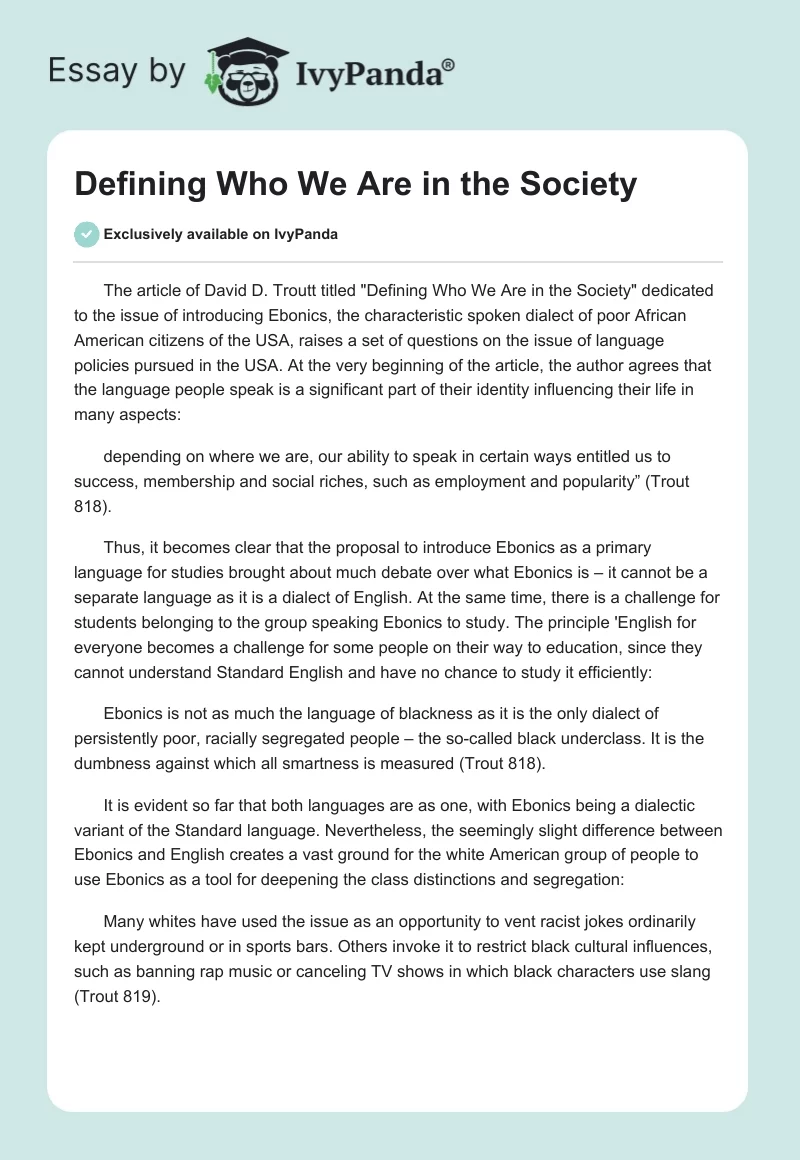 Defining Who We Are in the Society. Page 1