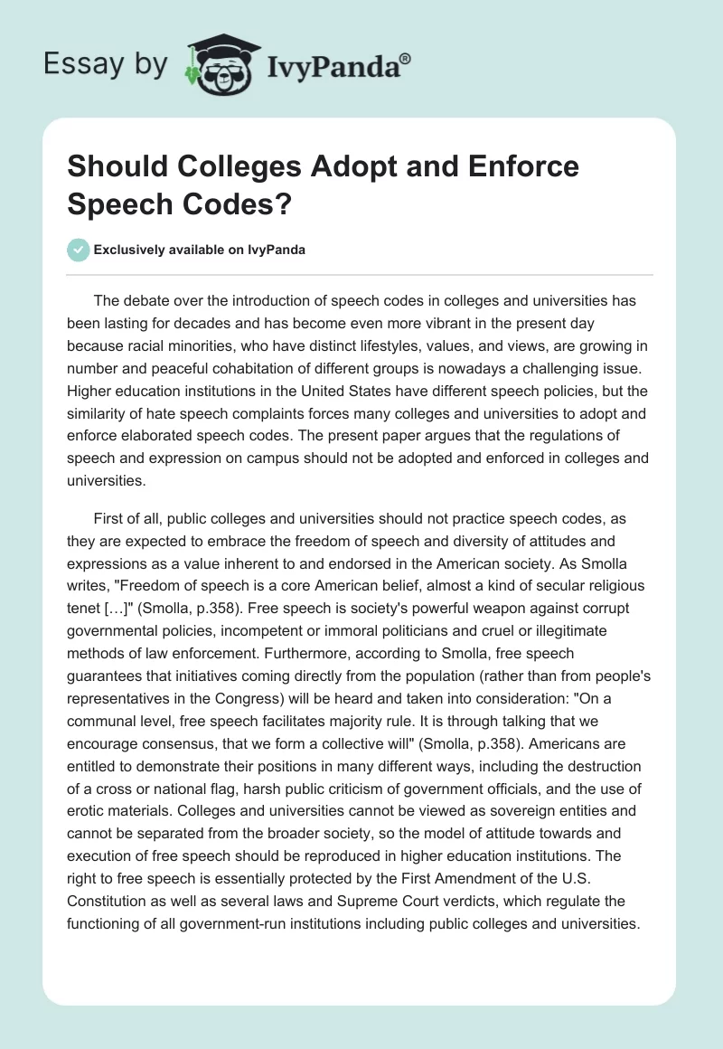 Should Colleges Adopt and Enforce Speech Codes?. Page 1