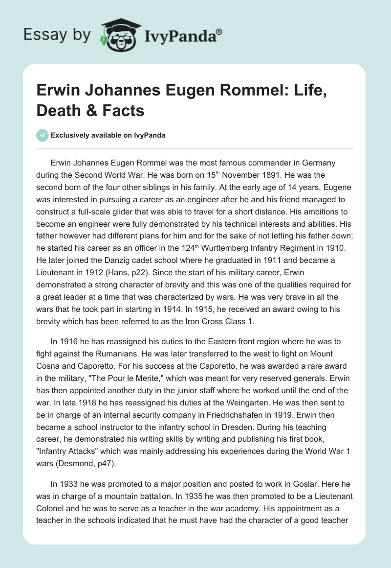 Erwin Johannes Eugen Rommel: Life, Death & Facts. Page 1