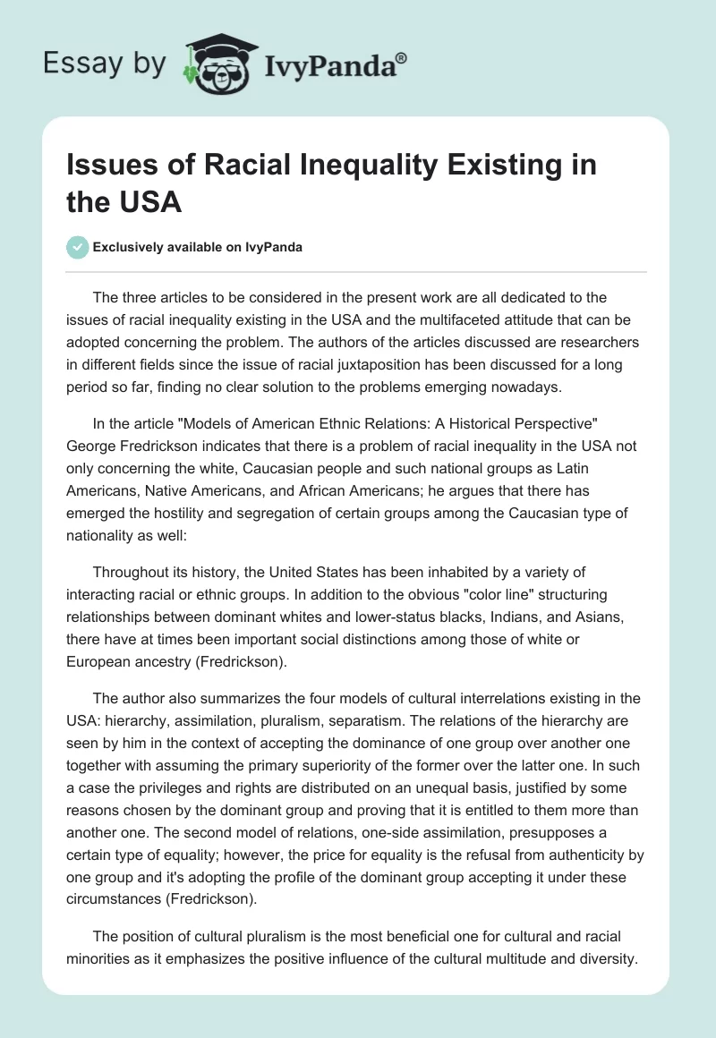 Issues of Racial Inequality Existing in the USA. Page 1