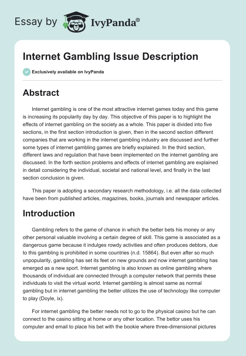 Internet Gambling Issue Description. Page 1