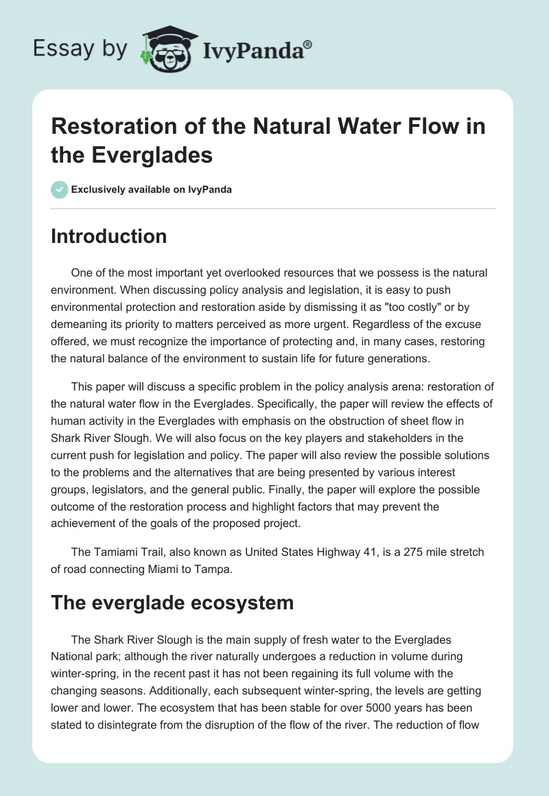 Restoration of the Natural Water Flow in the Everglades. Page 1