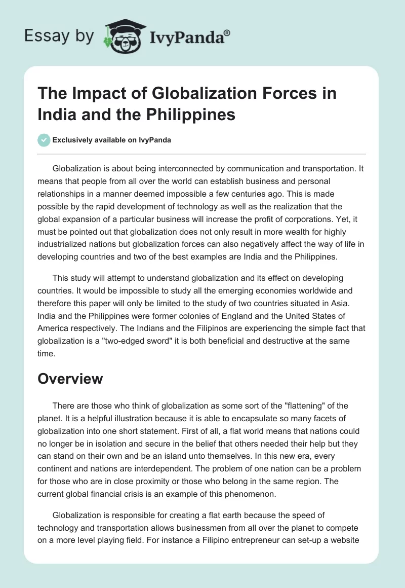 The Impact of Globalization Forces in India and the Philippines. Page 1