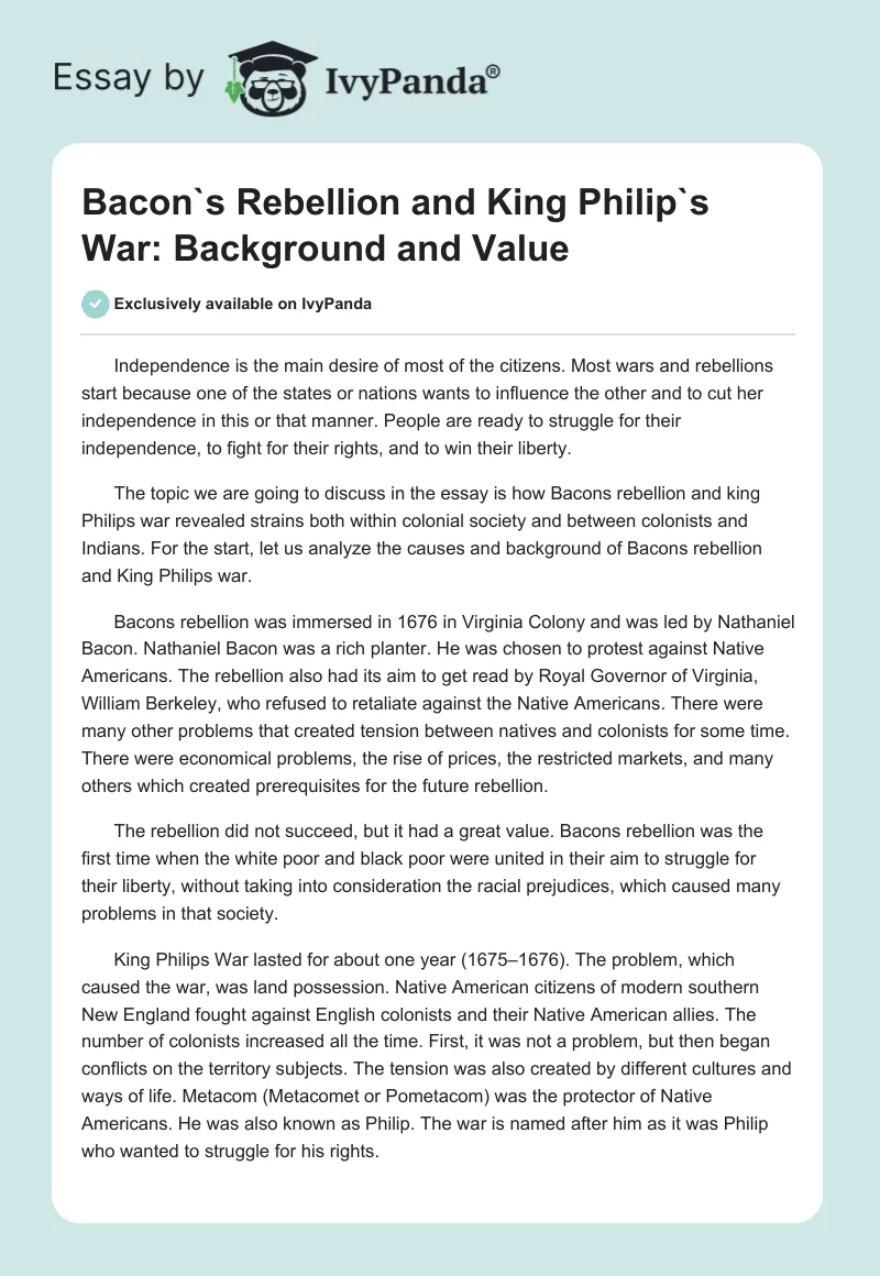 Bacon`s Rebellion and King Philip`s War: Background and Value. Page 1