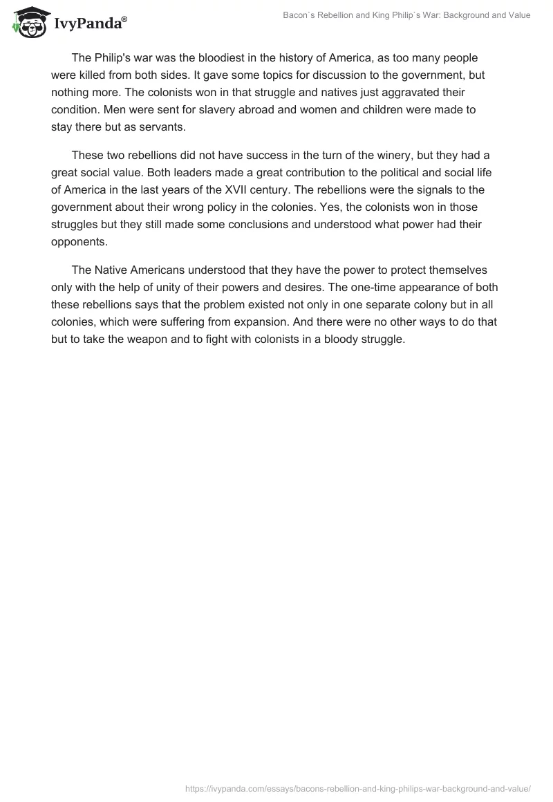 Bacon`s Rebellion and King Philip`s War: Background and Value. Page 2