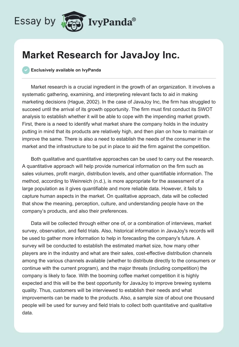 Market Research for JavaJoy Inc.. Page 1