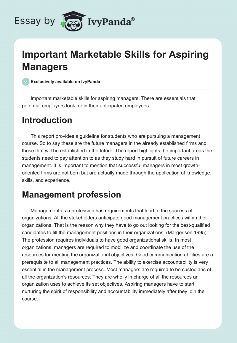 Important Marketable Skills for Aspiring Managers. Page 1