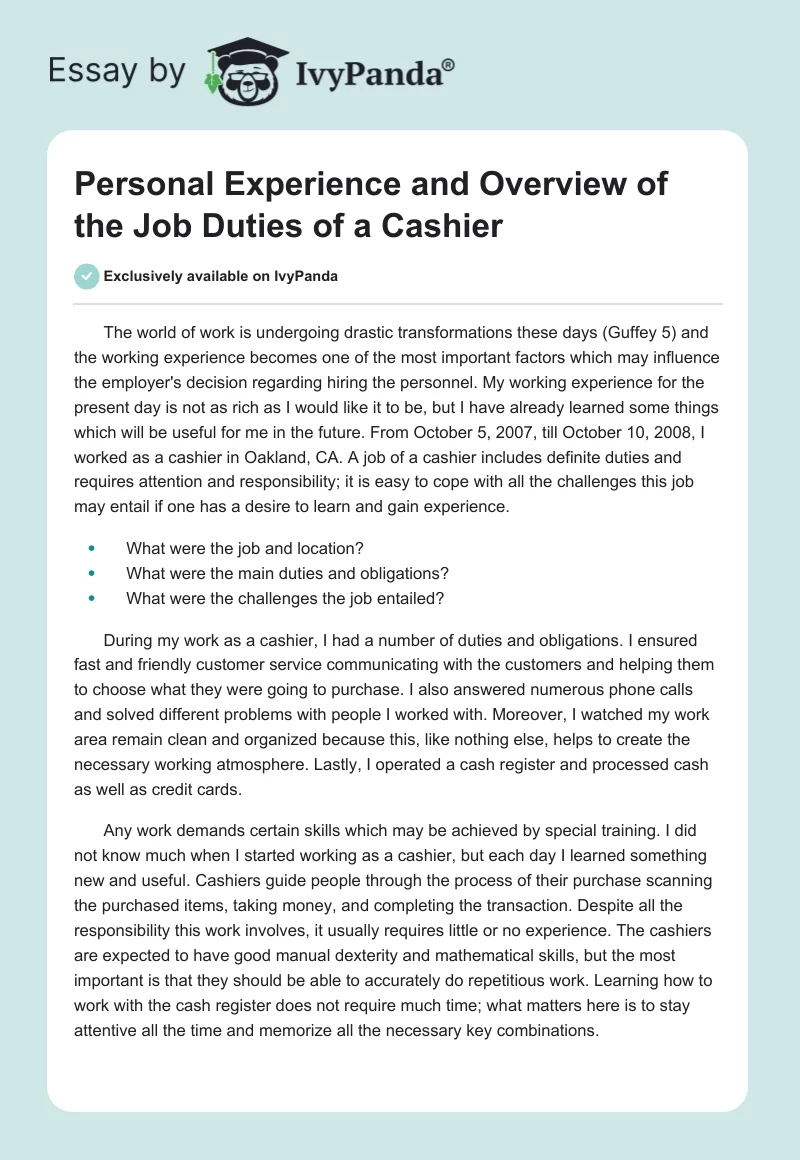 Personal Experience and Overview of the Job Duties of a Cashier. Page 1