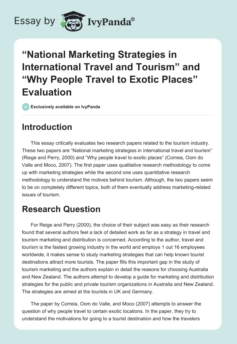 “National Marketing Strategies in International Travel and Tourism” and “Why People Travel to Exotic Places” Evaluation. Page 1